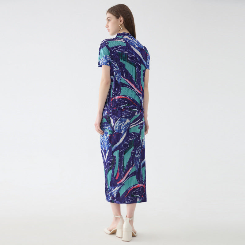 Floral Suit Women's Polo Collar Short-Sleeved Shirt Straight Printed Skirt Two-Piece Suit Women's