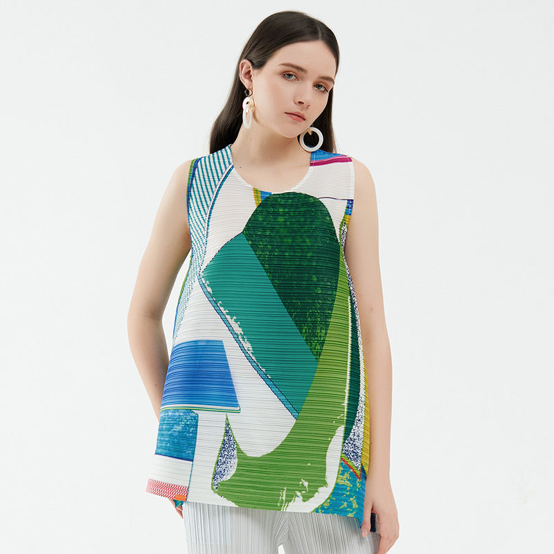 Design round Neck Printed Vest Pullover Loose-Fitting Casual T-shirt Top for Women