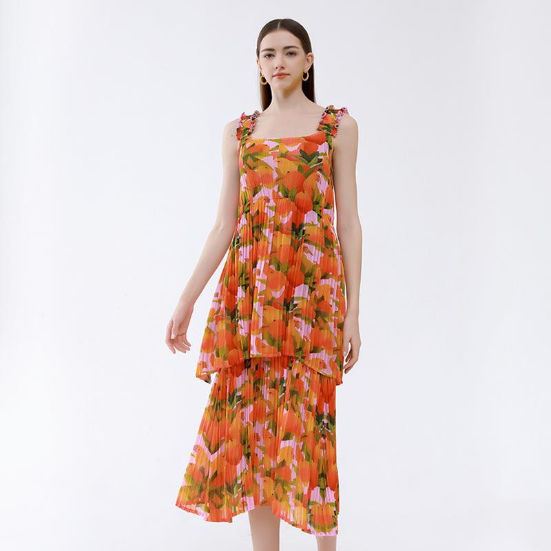Double-Layer Pleated Sleeveless Anti-Wrinkle Orange Floral Strap Dress Vacation Style Dress