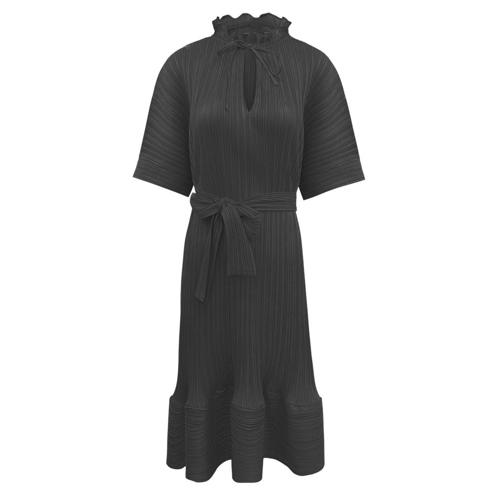 Pettiskirt Short Sleeve Lace-up Dress Women's Mid-Length Simple Loose Solid Color Dress