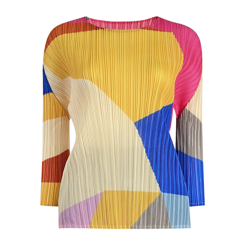 Color Block Basic Shirt Women's Autumn Design Sense round Neck, Slim-Fit, Long-Sleeved T-shirt Top Women