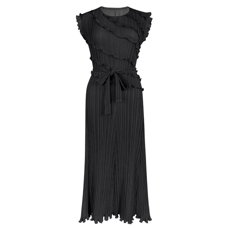 Casual Style Casual Draped Dress round Neck Wooden Ear Patchwork Skirt Sleeveless Solid Color Dress Women