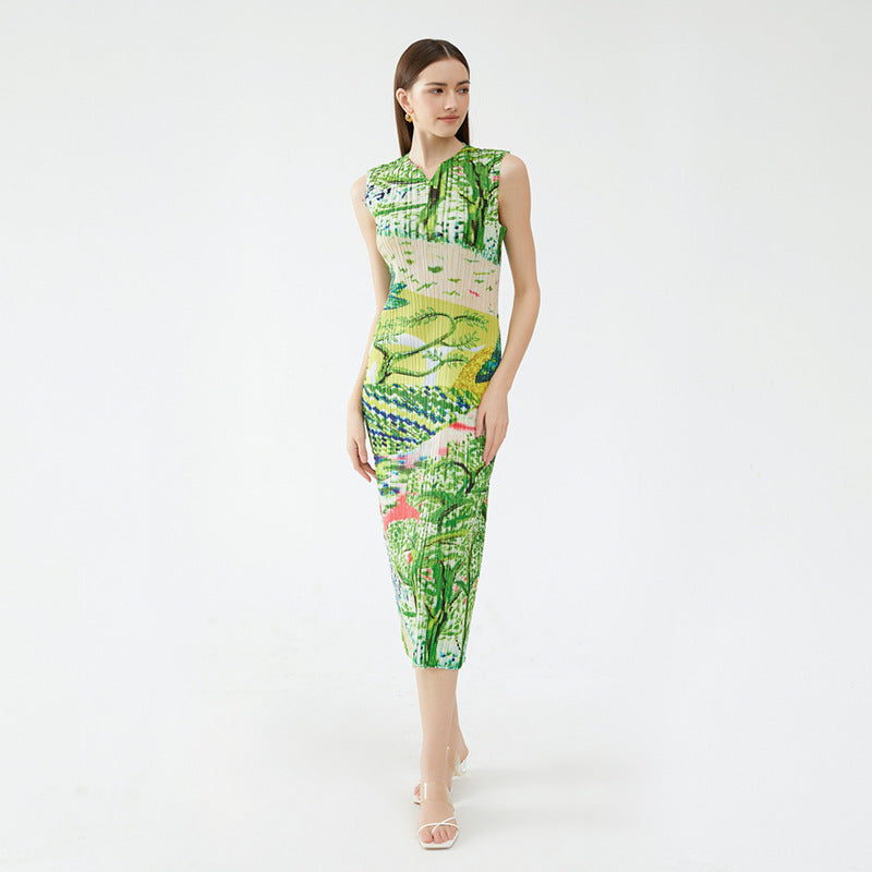 Green Painting Dress Sleeveless Small V-neck Slim Fit Slimming A- line Dress Women