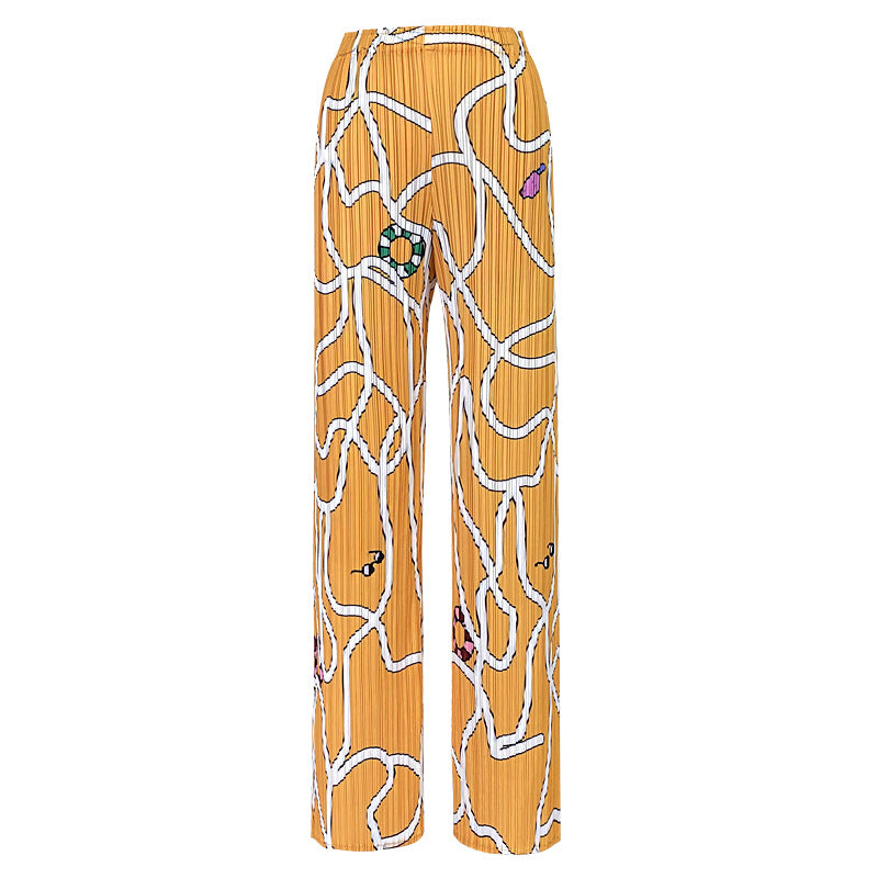 Pants Women's Straight-Leg Pants Long Women's Elegant Pleated Print Line Casual Style Trousers