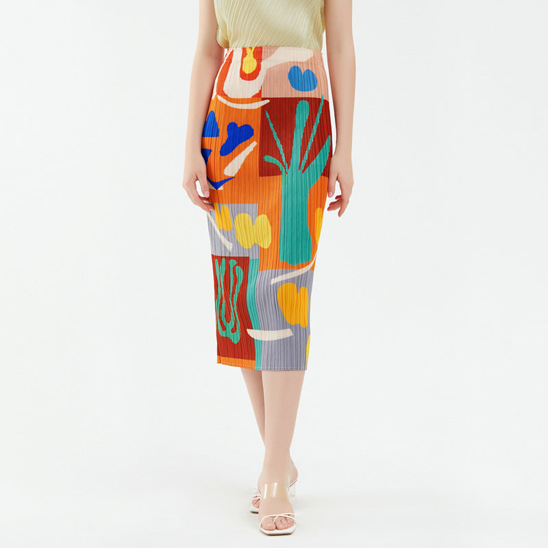 Printed A- line Sheath Skirt Slimming Mid-Length Pleated Skirt for Women