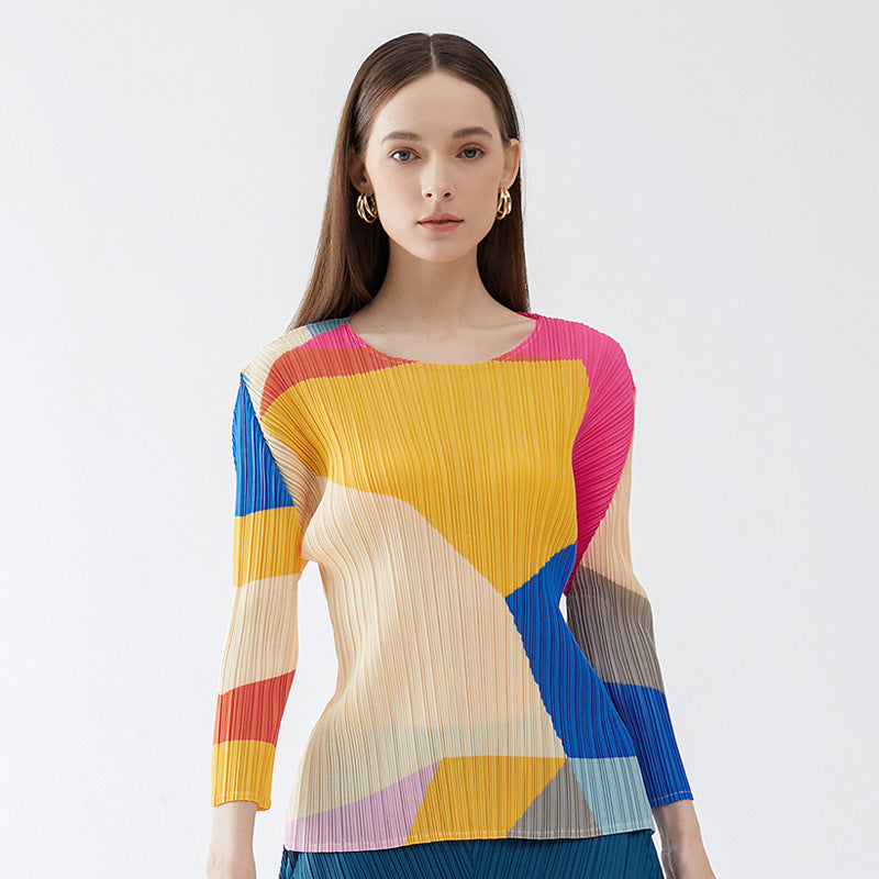 Color Block Basic Shirt Women's Autumn Design Sense round Neck, Slim-Fit, Long-Sleeved T-shirt Top Women