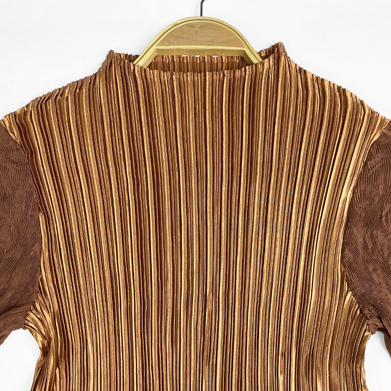 Satin Stitching Half Collar Long Sleeve Dress Women's Skirt Slim Fit Slimming Inner Cinched Waist Pleated Skirt Women