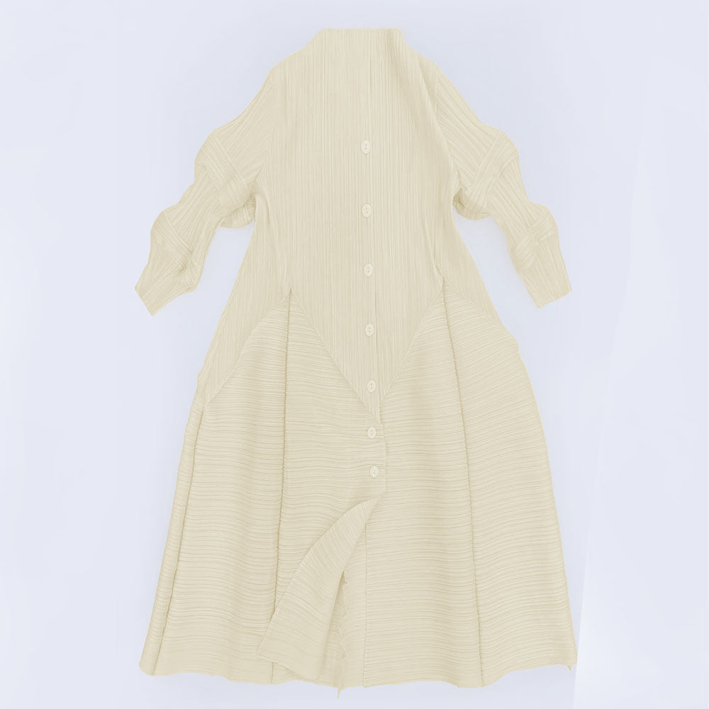 Long Half-Open Collar Non-Mainstream Style Lotus Root Sleeve Lace-up Waist Solid Color Dress Women