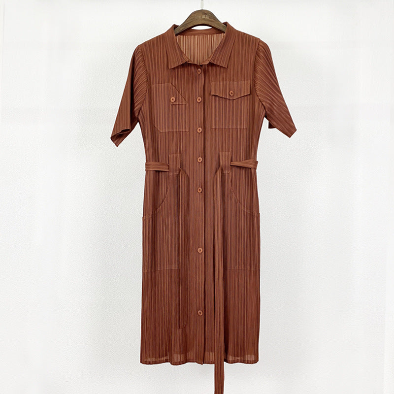 Plus Size Dress Slim Waist Solid Color Pleated Lapel Mid-Length