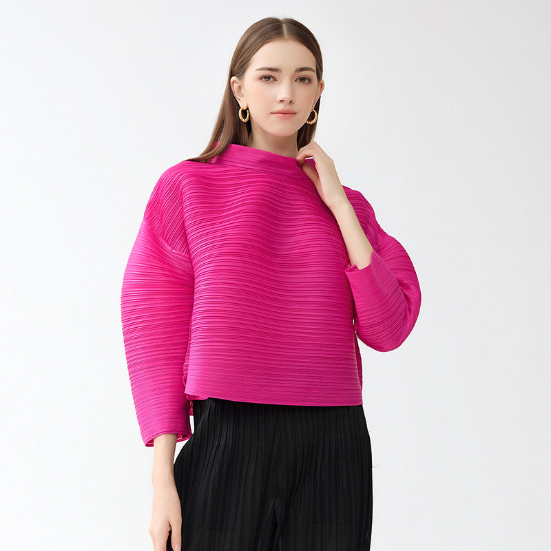 Long Sleeve Women's Design Blouse Solid Color Loose Lapel Pleated Casual Sleeve T-shirt Women