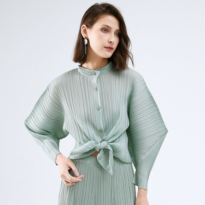 Batwing Long Sleeve Stand Collar Top Loose Slimming Shirt Cardigan Buckle Niche Horn Style