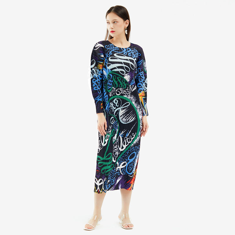 Printed Dress Pleated Waist Tight Slim-Fit Temperament Mid-Length A- line Skirt for Women