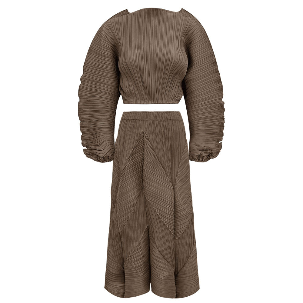 Pleated Suit Solid Color Design Long Sleeve Short Top Bubble Skirt Casual Two-Piece Suit