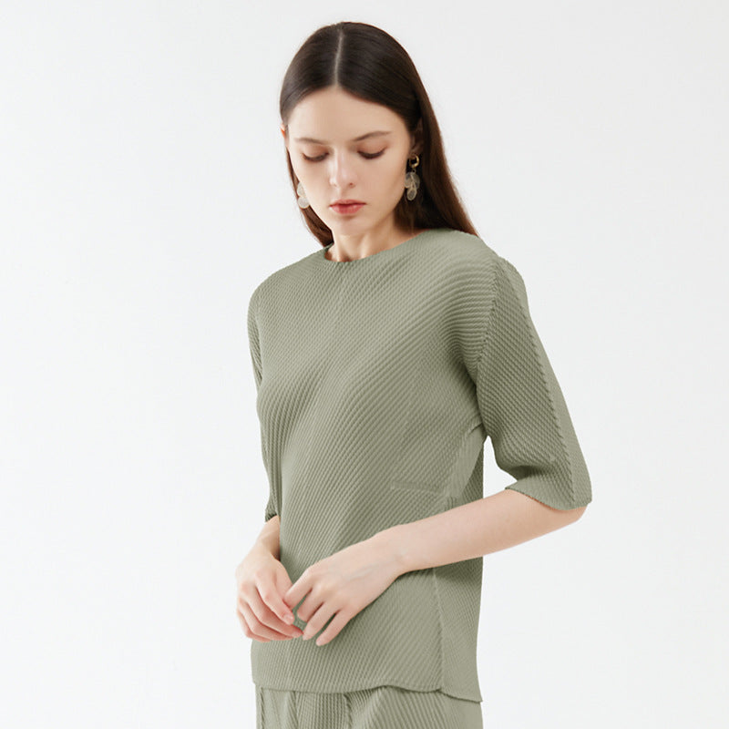 Main Line Scale Pleated Solid Color T-shirt Niche Half Sleeve round Neck Top for Women