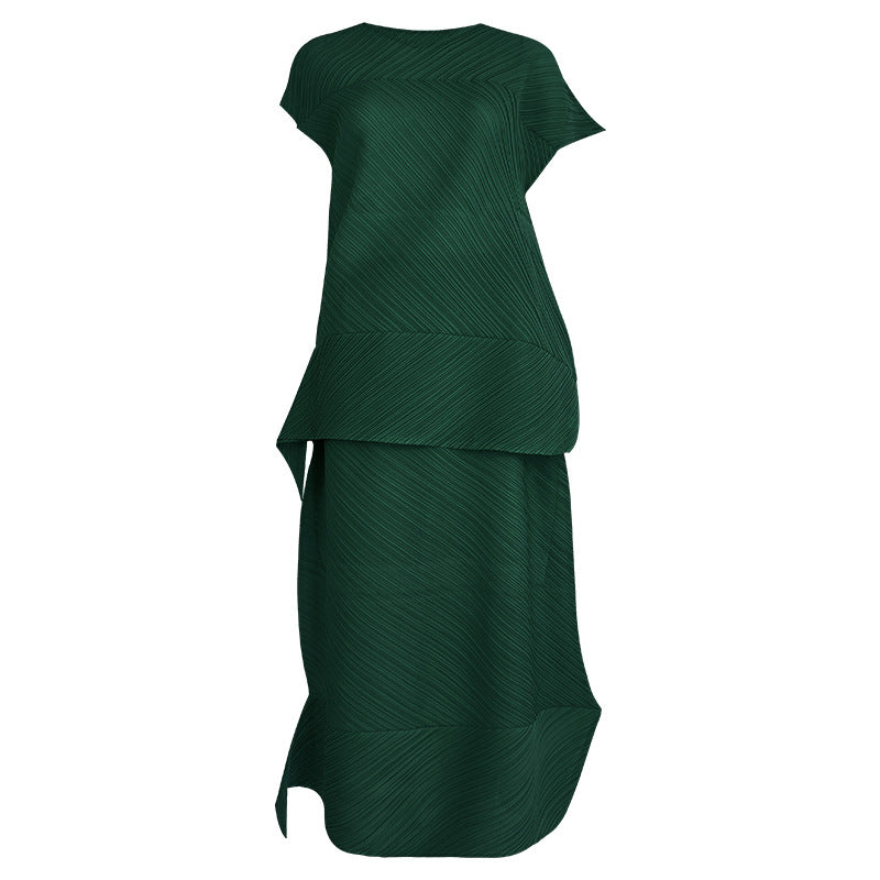 Folding Suit Level Sense Casual Short-Sleeved Top Irregular Skirt Solid Color Two-Piece Set