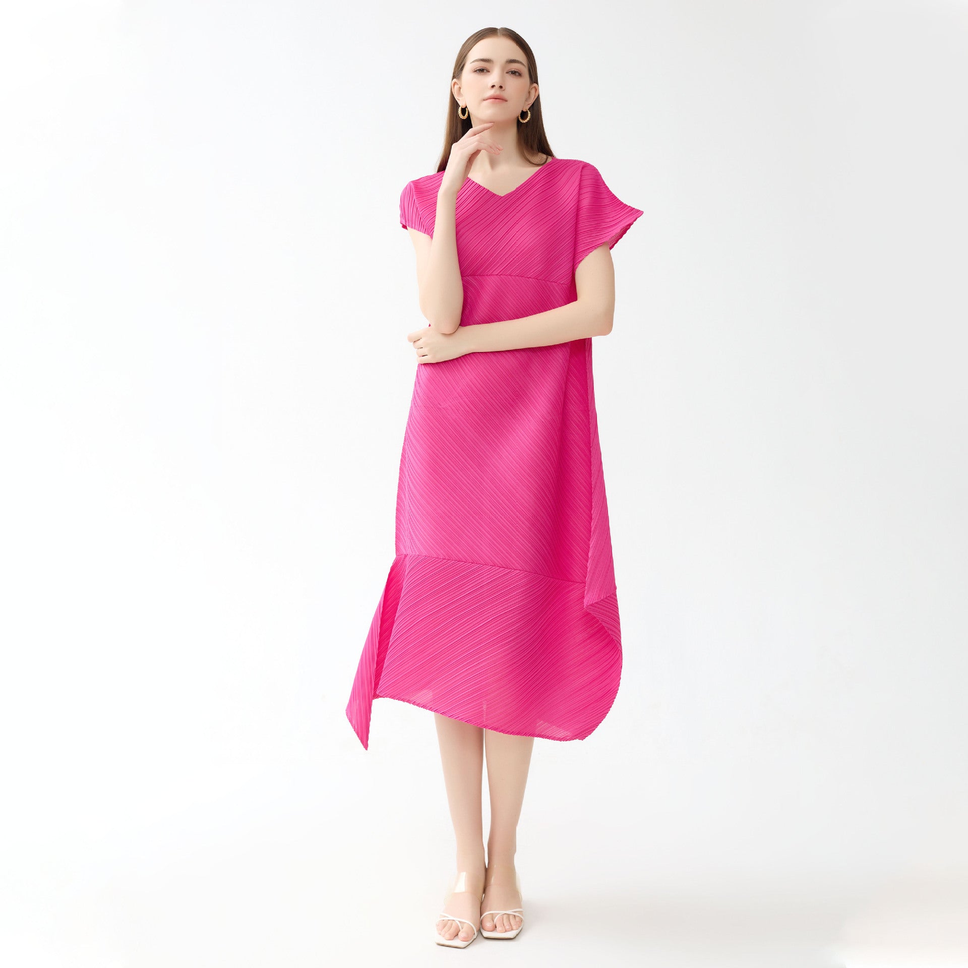 Casual Style Pleated Rhombus Asymmetric Skirt Solid Color Slim V-neck Short Sleeve Folding Dress