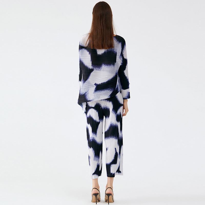 Pleated Suit Women's Personalized Hand-Painted Casual Style Slimming Top Casual Pants Two-Piece Set