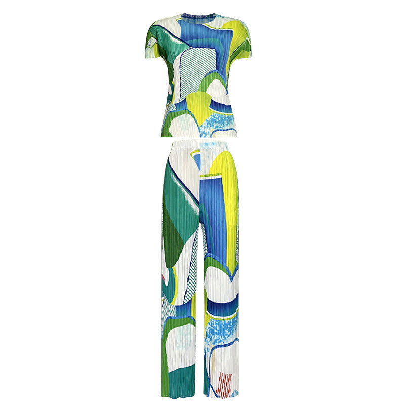 Casual Printing Suit Short-Sleeved Top Draped Pants Two-Piece Set for Women