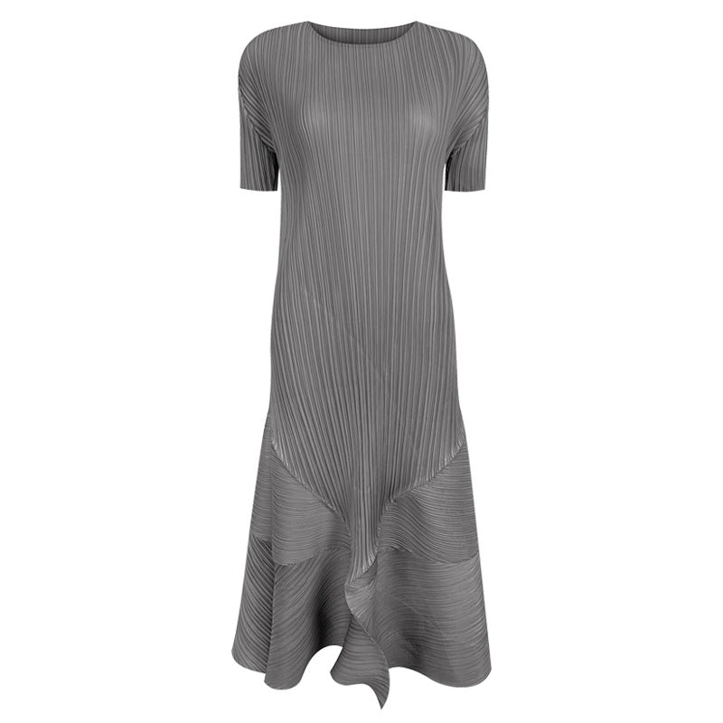 Folding Dress Waist Slim Fit Stitching round Neck Short-Sleeved Mid-Length Asymmetric Skirt