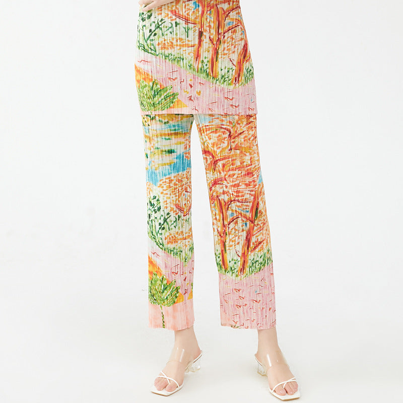 Elegant Tree Painted Printed Small V-neck Short-Sleeved Top Women's Casual Trousers Pleated Suit Women's