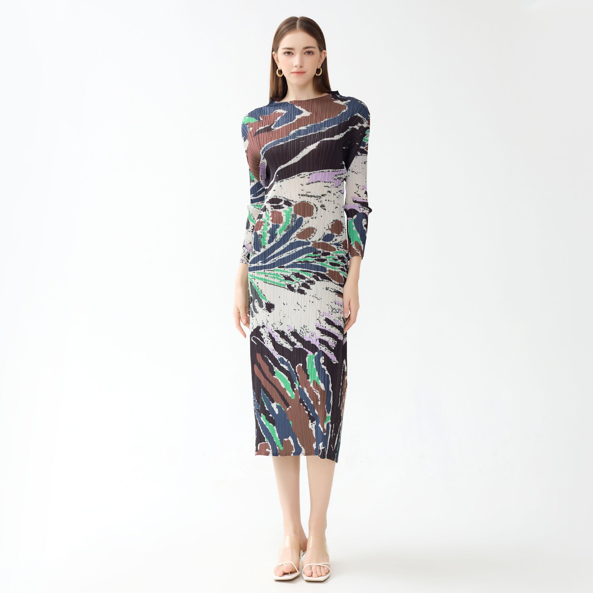 Autumn A- line Skirt Printed Half Collar Casual Pleated Long Sleeve Classic Style Dress Women