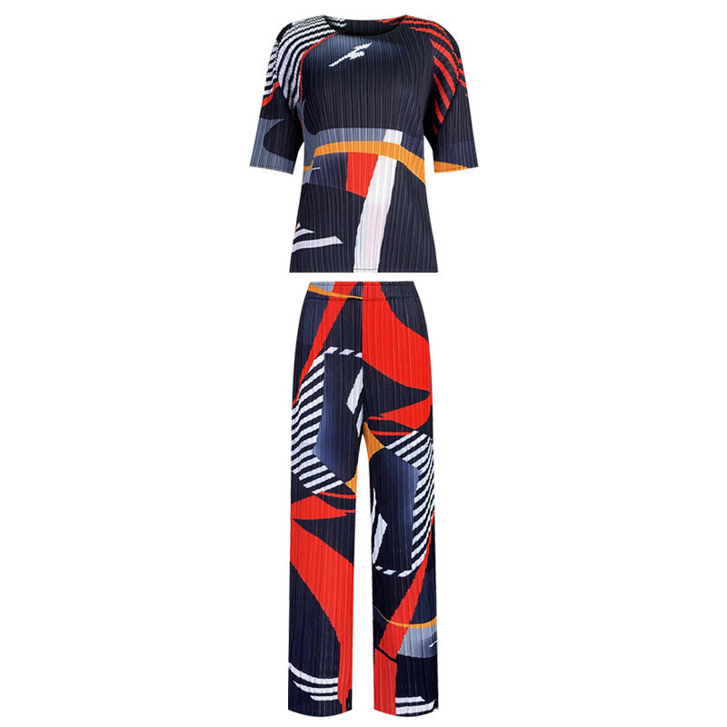 Printing and Dyeing Pleated Suit Slim Slimming Commuting Style Short-Sleeved Shirt Casual Pants Two-Piece Set