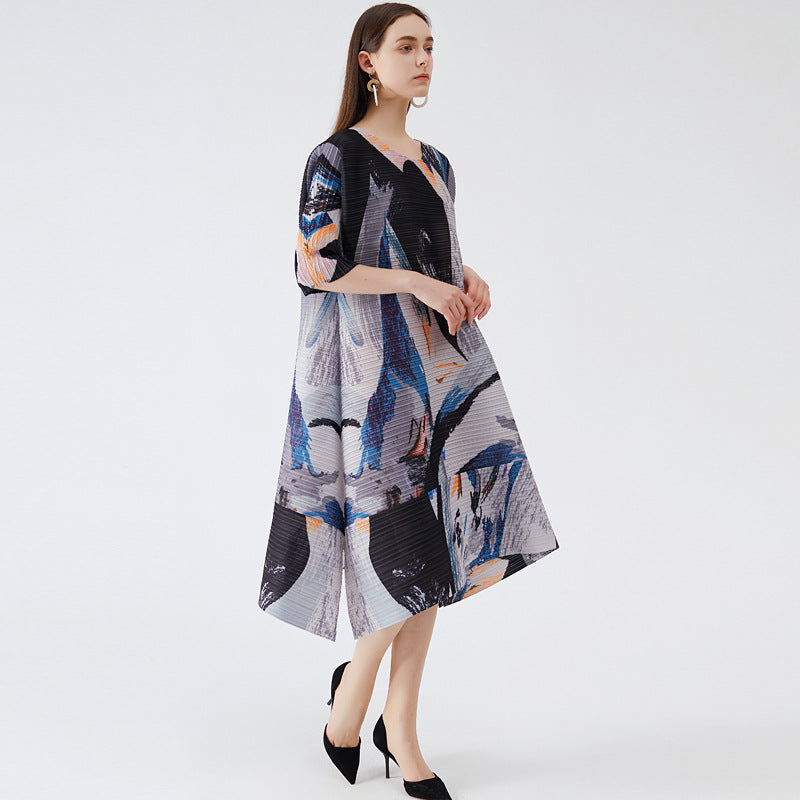 Printed round Neck Pleated Dress Light She Design Taste Half Sleeves Loose Large Swing Skirt