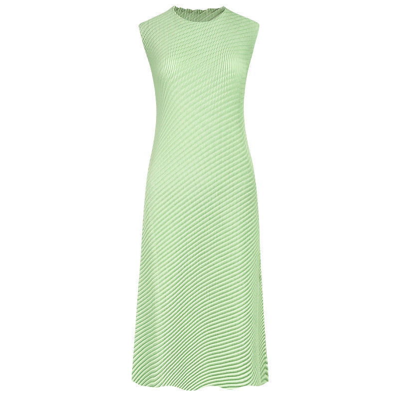 Casual Style Solid Color Asymmetric Skirt round Neck Slim Fit Scale Pleated Dress Women