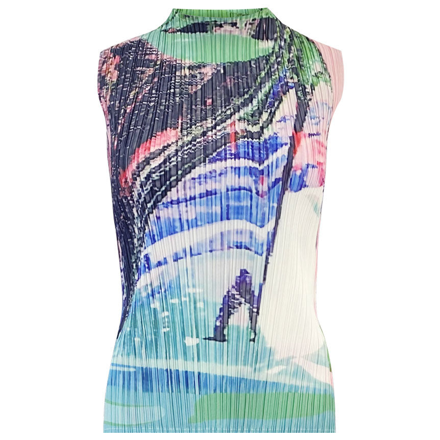 Printing and Dyeing Suit Pleated Print Sleeveless Top Straight-Leg Pants Slim Fit Slimming Casual Two-Piece Suit