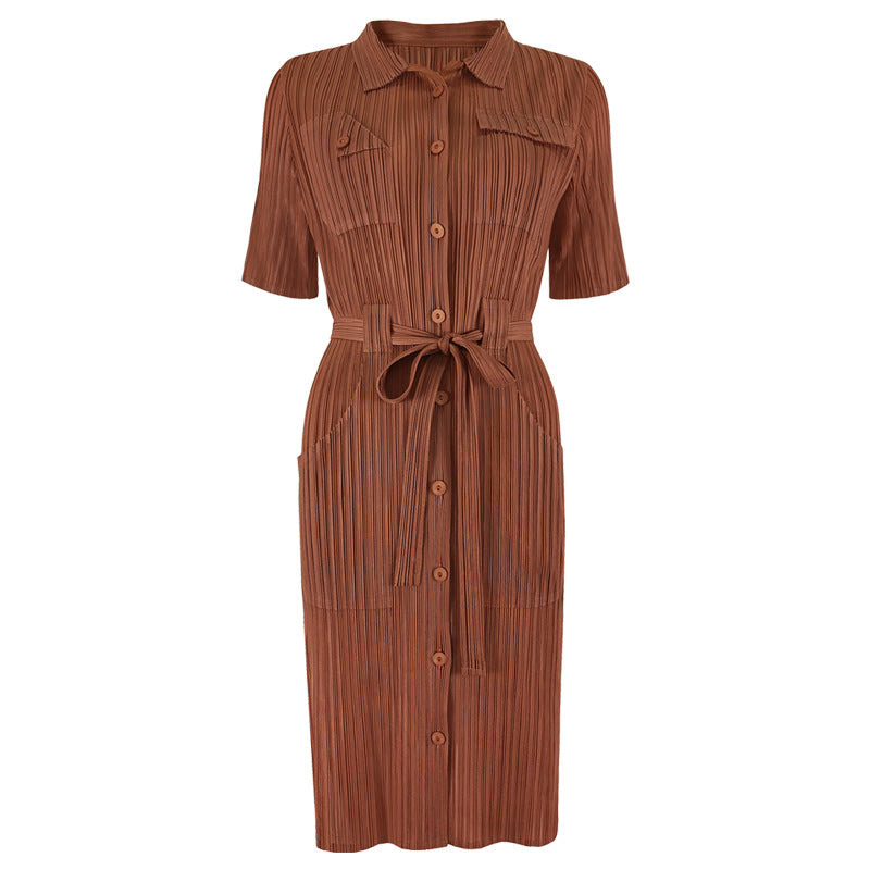 Plus Size Dress Slim Waist Solid Color Pleated Lapel Mid-Length