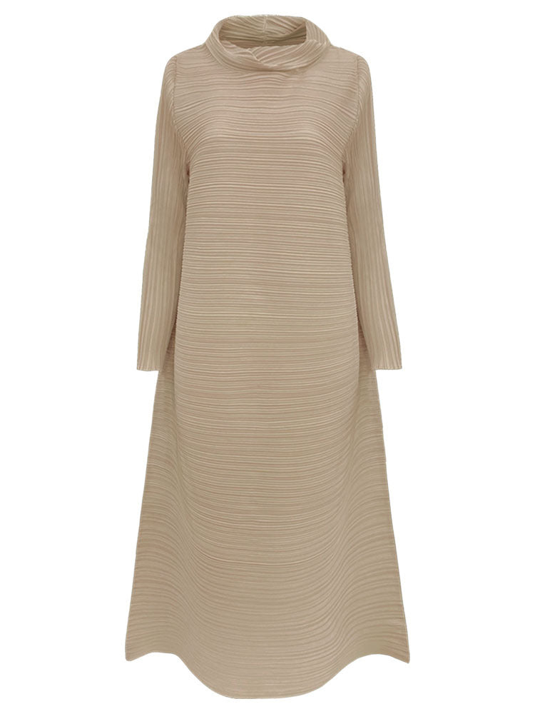 Scarf Collar Dress Women's Loose Long Sleeve Solid Color A- line Midi Dress