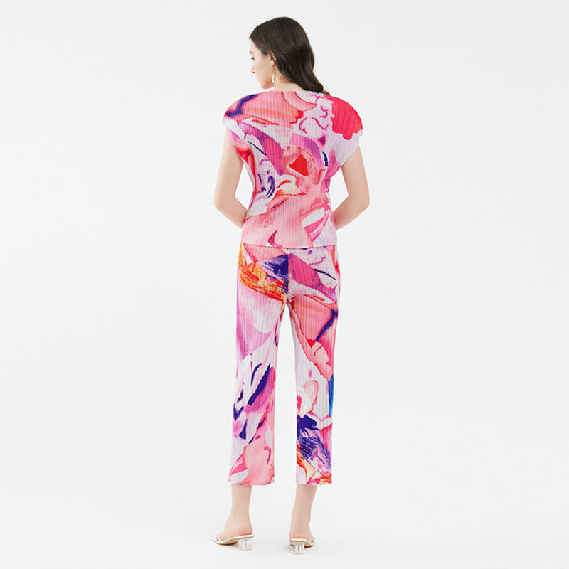 Casual Suit Short-Sleeved Top Slimming Straight Pants Two-Piece Women's Summer