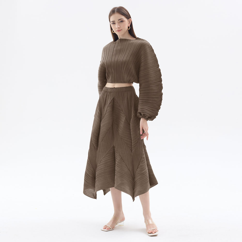 Pleated Suit Solid Color Design Long Sleeve Short Top Bubble Skirt Casual Two-Piece Suit