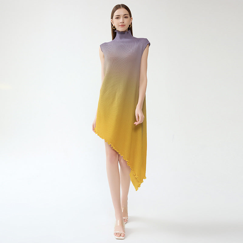 Irregular Two-Piece Long Sleeve Gradient Coat Collar Temperament Leisure Pleated Dress