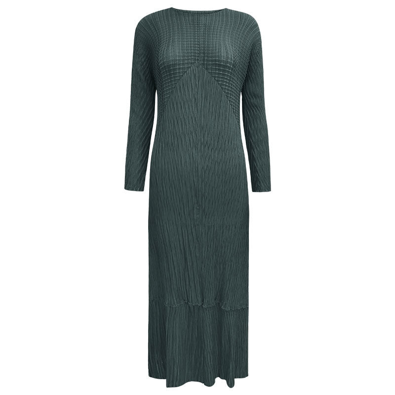 Scale Pleated Dress round Neck Solid Color Long Sleeve Skirt Women's Sense Dress
