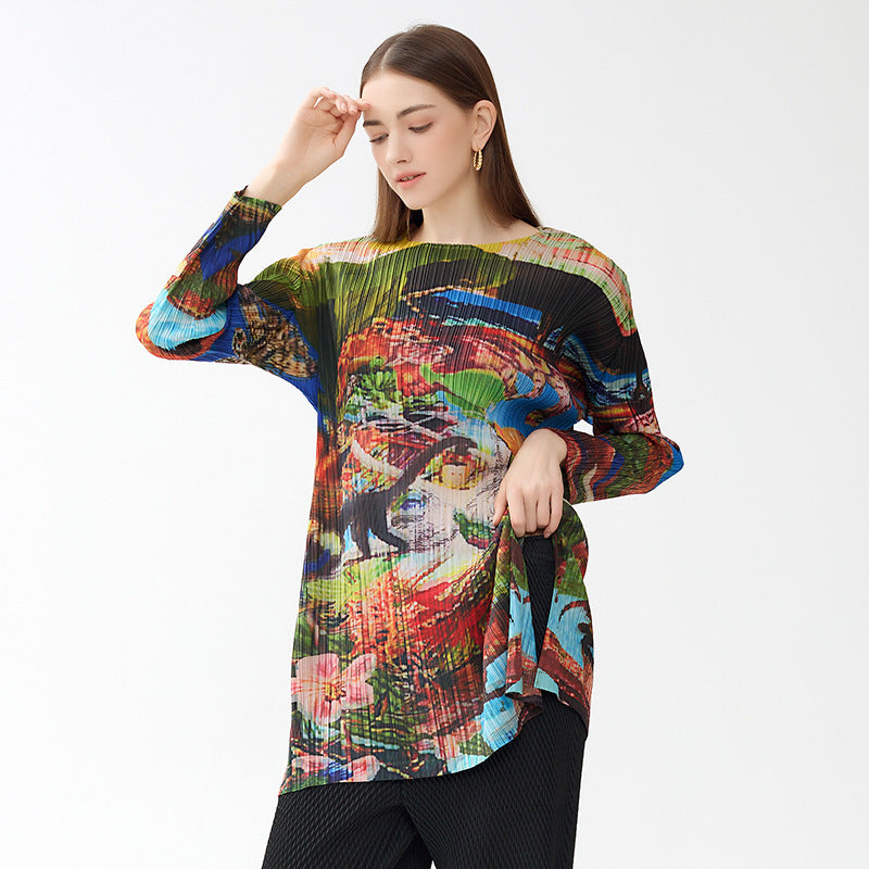 Dinosaur Painting Printed round Neck Long Sleeve Slim Design plus Size T-shirt