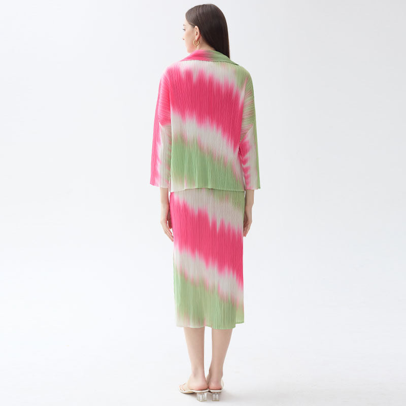 Gradient Slim Slimming round Neck Women's Two-Piece Dress Long-Sleeved Jacket A- line Skirt