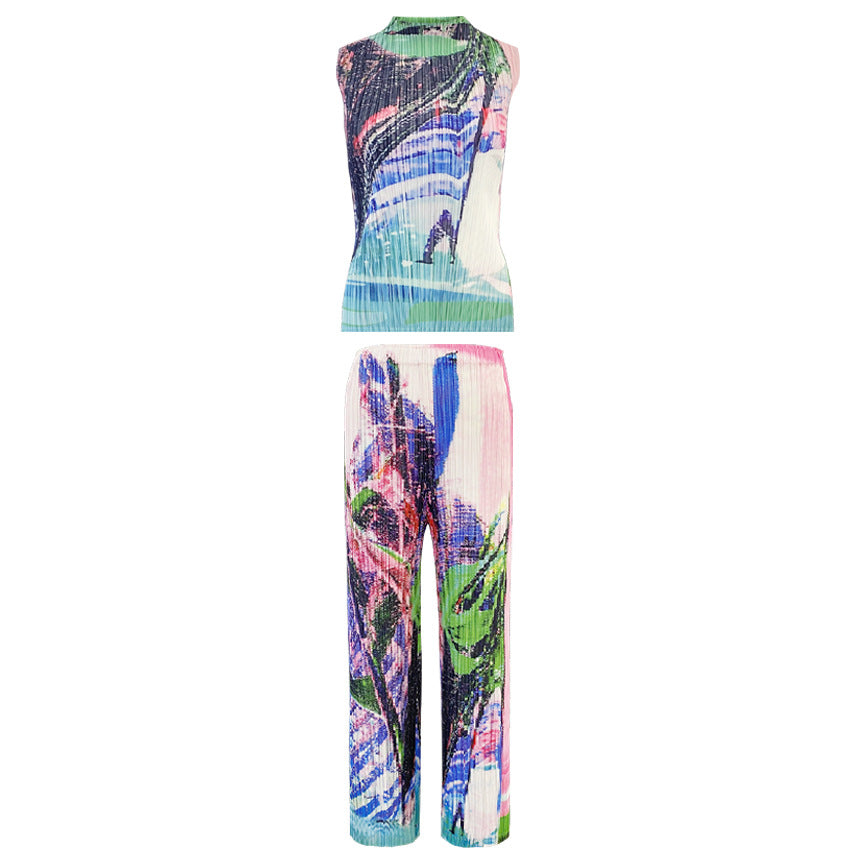 Printing and Dyeing Suit Pleated Print Sleeveless Top Straight-Leg Pants Slim Fit Slimming Casual Two-Piece Suit