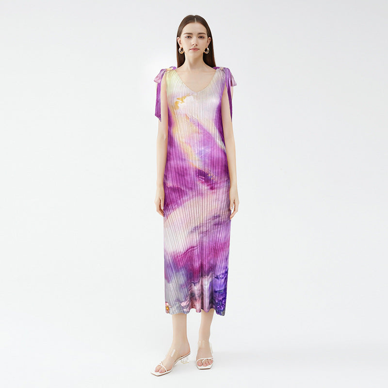 Casual Style Casual V-neck A- line Skirt Ink Painting Printed Lace up Dress Women