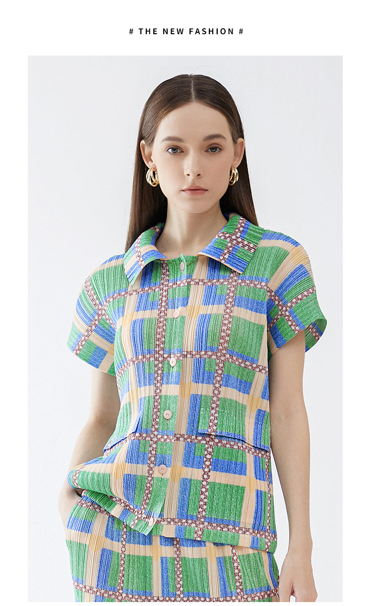 Pleated Lapel Short Sleeve Temperament Printed Single-Breasted Shirt Outfit Skirt Two-Piece Suit