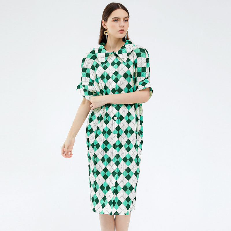 Lapel Pleated Skirt Design Long Skirt Plaid Dress Female Temperament