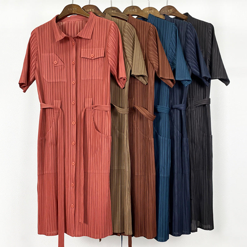 Plus Size Dress Slim Waist Solid Color Pleated Lapel Mid-Length