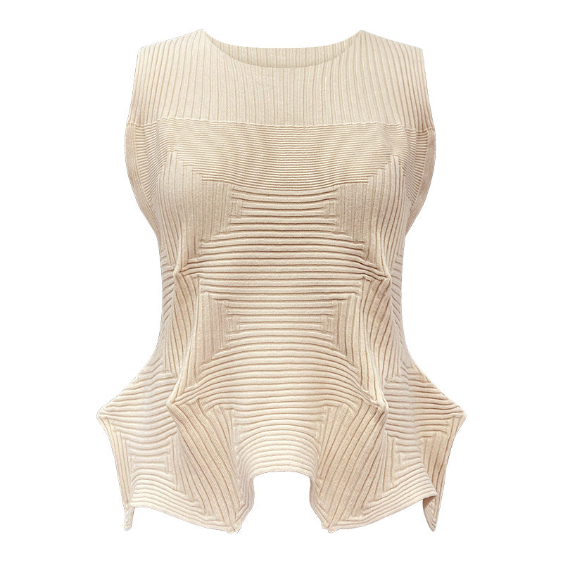 Heavy-Duty Crocheted Striped Sleeveless T-shirt for Women Summer Irregular Niche Knitwear Waist Short Top for Women