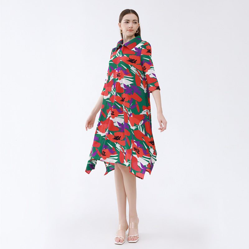Half Sleeve Polo Collar Loose Flower Pleated Gentle Dress Women's Single Breasted