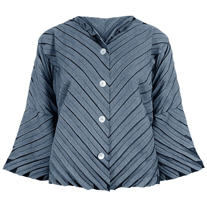 Elegant Versatile Top Unique Inkjet Striped Flared Long Sleeve Pleated Coat for Women