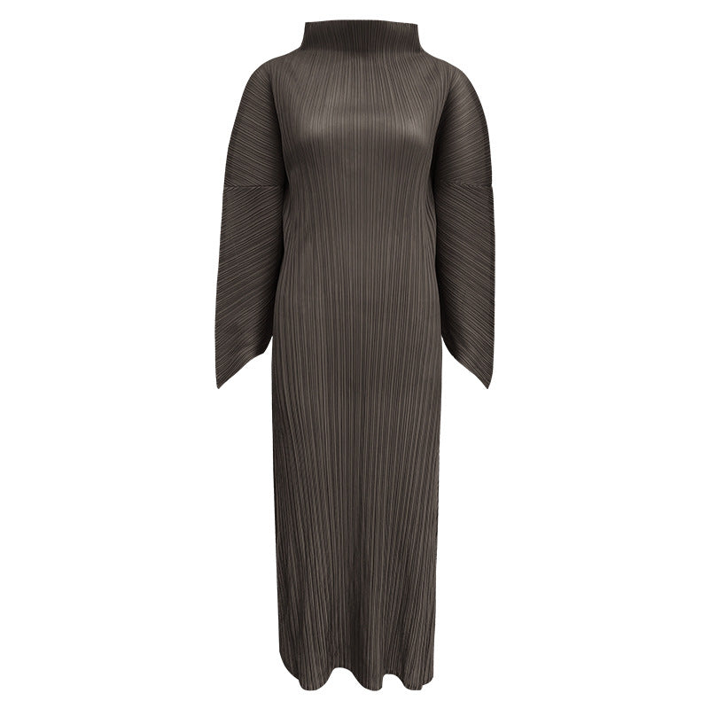 Graceful Collar Folding Sleeve Solid Color Dress Women's Mid-Length Simple Loose Pleated A- line Skirt