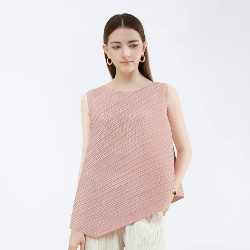 Simple and Irregular round Neck All-Matching Top Sleeveless Solid Color Female in Stock