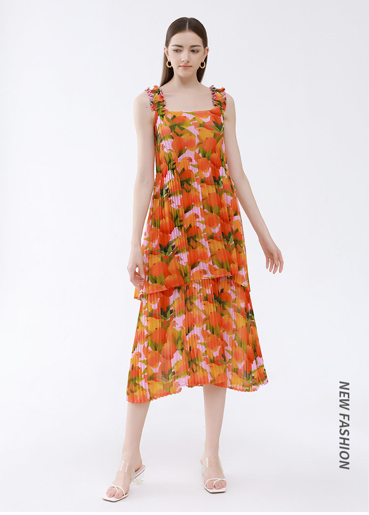 Double-Layer Pleated Sleeveless Anti-Wrinkle Orange Floral Strap Dress Vacation Style Dress