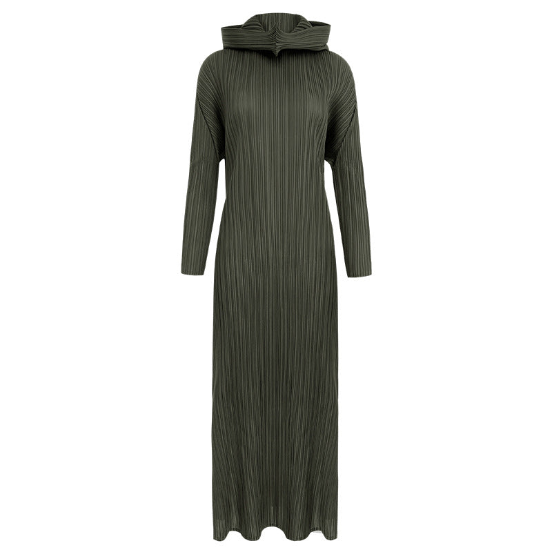 Pleated A- line Dress Solid Color Long Sleeve Slim-Fit Hood Dress Winter Women's Design Sense