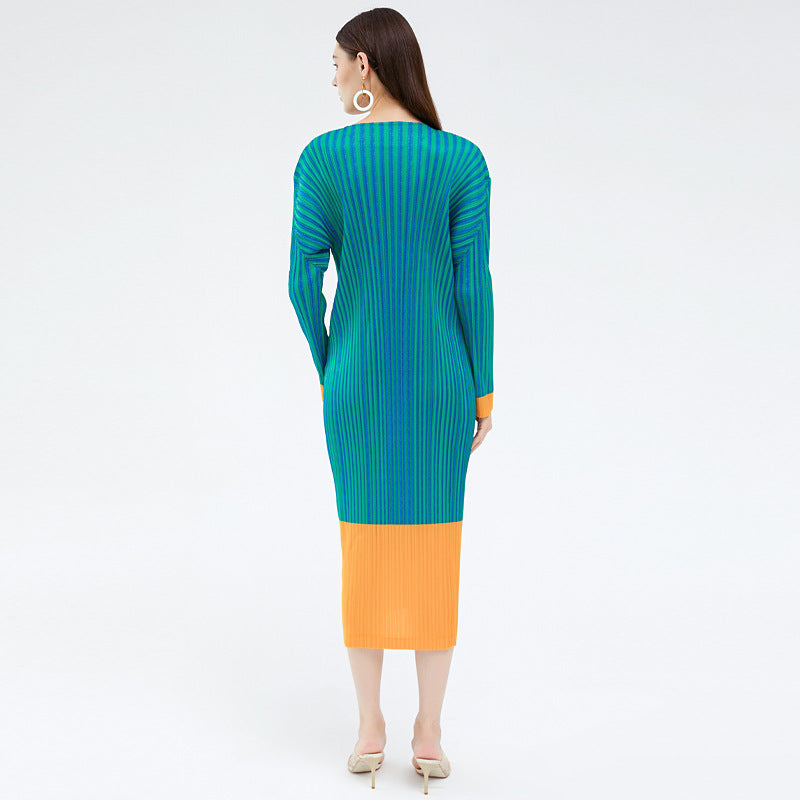 Casual Striped Stitching Midi Dress Contrast Color Long Sleeves Dress Women